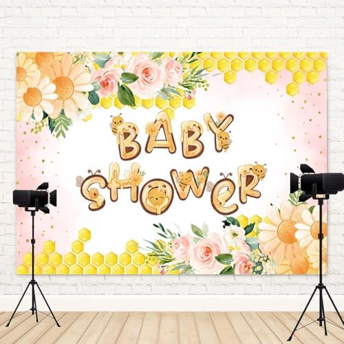 20x10ft Baby Shower Backdrop Bee Flower Honeycomb Floral Pink Yellow Background for Girl Baby Shower Party Decoration Cute Bee Themed Photo Booth Banner - Image 4