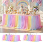 Wish Care 2 Pack Rainbow Tulle Tablecloth for 8 Foot Rectangle Tables Double Layer Tulle Tutu Skirt Unicorn Ruffle Pastel Table Cloth Stretch Fitted Table Covers for Girls Birthday Baby Shower Party by WishCare