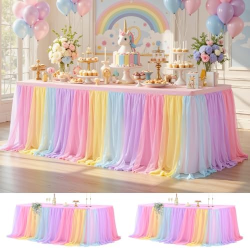 Wish Care 2 Pack Rainbow Tulle Tablecloth for 8 Foot Rectangle Tables Double Layer Tulle Tutu Skirt Unicorn Ruffle Pastel Table Cloth Stretch Fitted Table Covers for Girls Birthday Baby Shower Party by WishCare