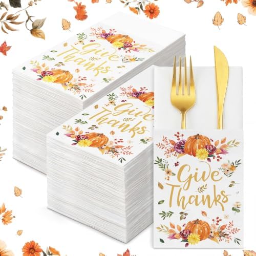 Potchen 100 Pcs Linen Feel Napkins Disposable, Thanksgiving Pumpkins by Potchen