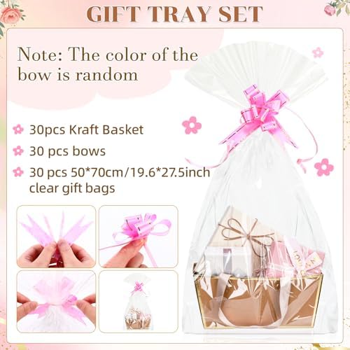 Tuanse 30 Pcs Basket for Gift Empty DIY Bulk Gift Basket Kit with Handle Kraft Cardboard Tray with 30 Bag 30 Bow Market Tray for Wedding Party(Brown Gold,9.8 x 6.7 x 4.3 in) - Image 3