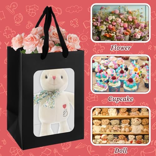 YOUNTHYE 50PCS Black Gift Bags with Window Black Kraft Paper Gift Bags with Transparent Window 9.8x7x5 inch Transparent Window Bags with Handles for Christmas Birthdays Festivals Party Weddings Wrapping - Image 4