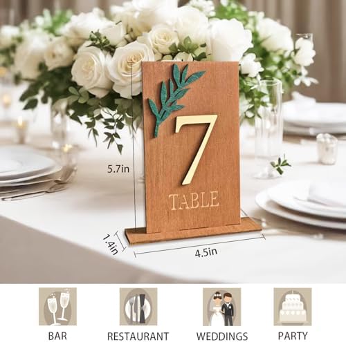 Wedding Table Numbers 1-20, Green Leaf Wooden Table Number Signs with Base - Image 3