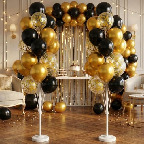 HIINS Black Gold Balloon Column Kit Set of 2 With Base,Pole for Party Decor - Image 7