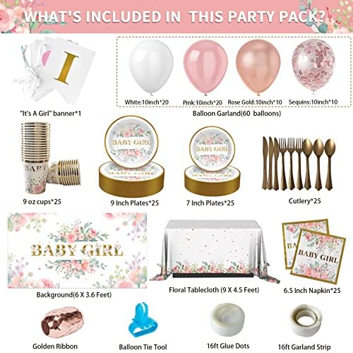 Baby Shower Decorations for Girl，242 PCS of Floral Girl Baby Shower Decorations Party Supplies with Background,Disposable Tableware（25 guests),"It's A Girl" Banner, Balloons Wreath and Tablecloth - Image 2