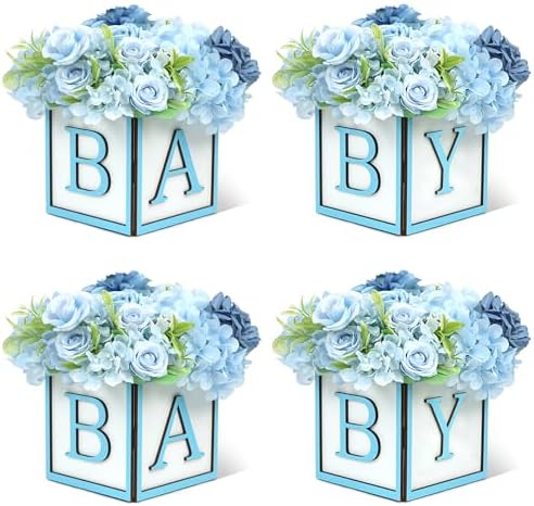 Wooden Baby Boxes for Baby Shower Party, Baby Shower Centerpieces for Table, Suitable for Gender Reveal or Baby Shower, (Blue,4Pack) by MASTRON