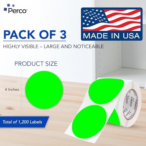 Perco Neon Green Perforated Round Circle Dot Sticker 4-Inch Labels — 3 Rolls, 1,200 Stickers - Open, Available & Promo Signage, High Visibility Display Labels - Made in USA - Image 2