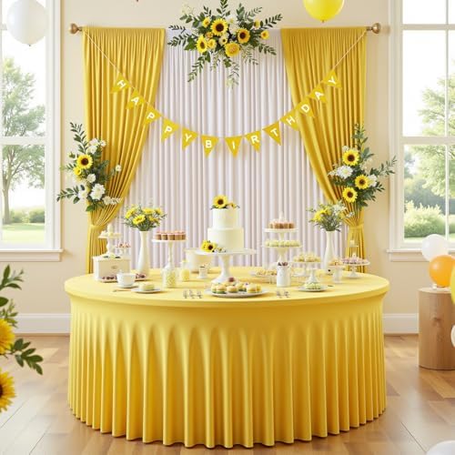 2 Pack 132 inch Yellow Round Tablecloth, Circle Stretch Table Cloths for 6 FT Tables, Wrinkle Free Round Table Skirt for Wedding Birthday Photography Party Social Events Engagement Party Decorations - Image 6