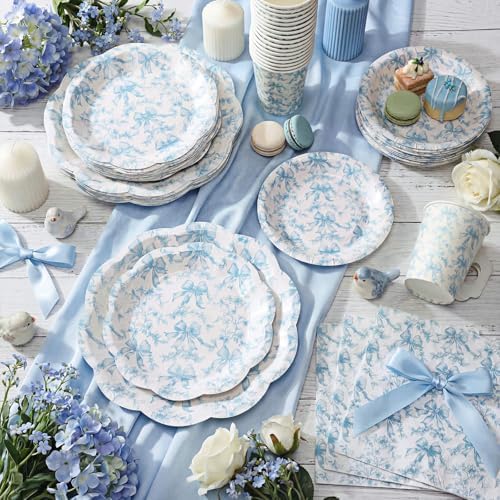 Pickmesh 252 Pcs Blue Bow Floral Tea Party Supplies for 36 Guests Flower Paper Disposable Dinnerware Flower Teacup with Handle and Saucers Set for Tea Party Decorations Birthday Baby Shower Wedding - Image 2