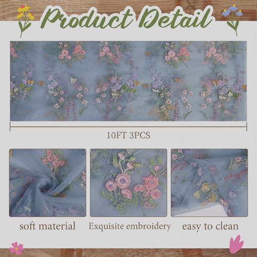 Blue Floral Table Runner 10ft Embroidery Tulle Spring Wildflower Table Runner Seasonal Summer Butterfly Kitchen Dining Gauze Decoration for Wedding Baby Bridal Shower Birthday Party (3 Pcs) - Image 2