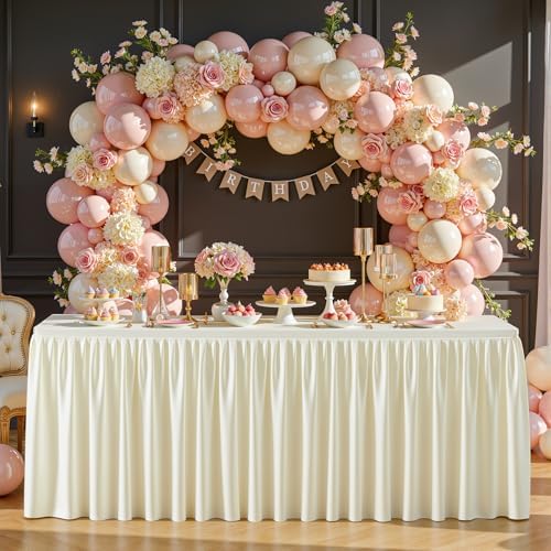 Wish Care Cream White Table Clothes for Rectangle Tables 6ft, Wrinkle Resistant Fitted Table Cloth with Pleated Ruffle Skirts for Banquet Wedding Baby Shower Folding Tables by WishCare