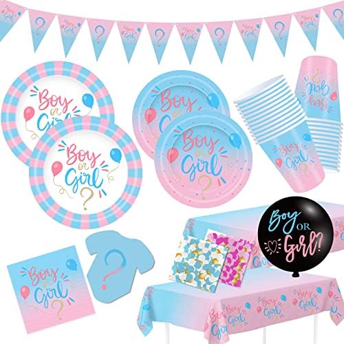 Gender Reveal Decorations, Baby Shower Party Supplies 124 Pieces Paper Plates, Cups, Napkins, Tablecloths, Black Balloon, Banner, Tableware Set Disposable Dinneware by ZVK