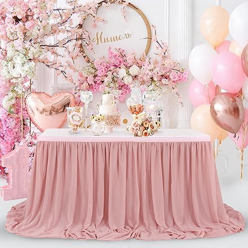 Dusty Rose Table Skirt 9FT Sheer Table Skirting 2 Layer Rectangle Tablecloth for Birthday Baby Shower Wedding - Image 7
