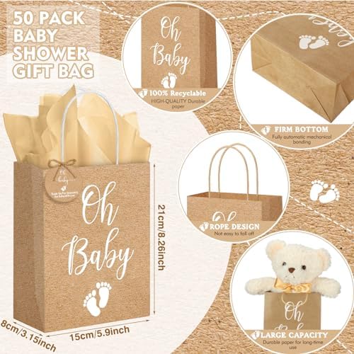 50 Pack Oh Baby Party Favors Bags with Tissue Papers Rustic Kraft - Image 4
