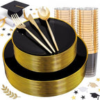 ejonirinjonir 180pcs Elegant Black Plastic Plates for Wedding, Gold Trim by Ejonirinjonir