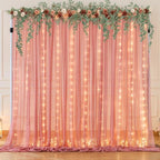 10x10ft Dusty Rose Chiffon Backdrop Curtain with Lights String for Wedding Sheer Tulle Curtain Photo Backdrops Drapes for Baby Shower Birthday Party Home Ceremony Decorations - Image 2