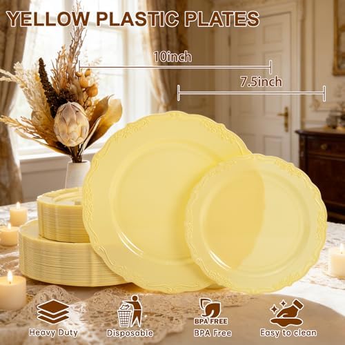 Tinybee 60PCS Yellow Plastic Plates - Heavy Duty Yellow Disposable Plates - Image 2