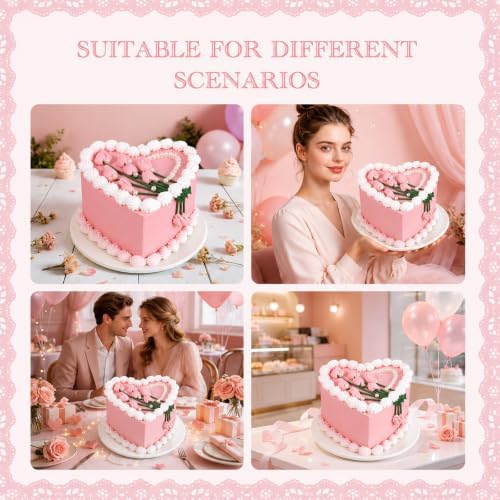 6 Inch Heart Shaped Fake Cake, Pink Artificial Cake with Flower Bouquet and Pearl Heart Decor, Reusable Faux Cake Prop for Wedding, Birthday, Bridal Shower, Baby Shower, Anniversary Party Decor - Image 6