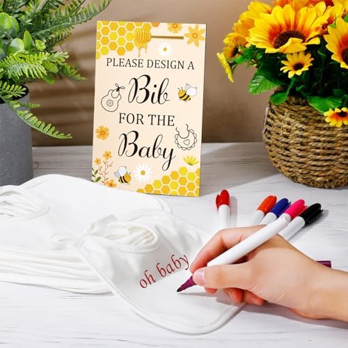 Panitay 43 Pcs Baby Shower Games Design a Bib, 12 Markers, Honeycomb - Image 4