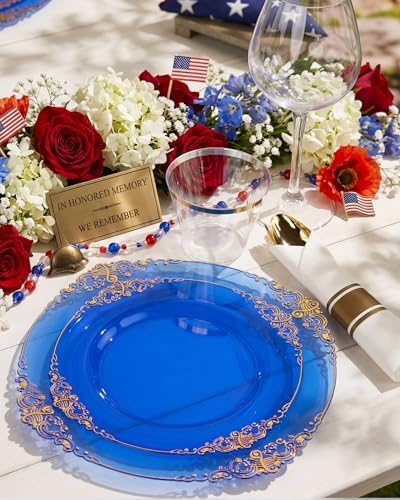 Nervure 350Pcs Blue Plastic Plates, Plastic Dinnerware Set for 50 Guests - Image 2
