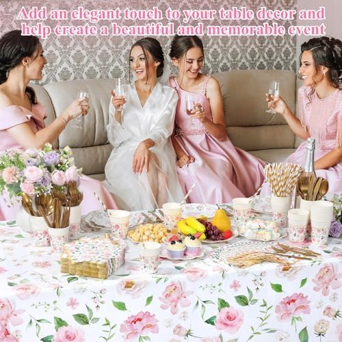 LemonRoad 452 Pcs Pink Floral Party Supplies for 50, Pink Floral Paper Plates Napkins Cups Tablecloth Cutlery Straws Disposable Tableware for Bridal Shower Baby Shower Birthday Tea Party Decorations - Image 4