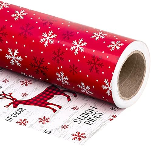 WRAPAHOLIC 30 Inch Jumbo Reversible Christmas Wrapping Paper - 30 Inch x 100 Feet Jumbo Roll Red White Reindeer and Snowflake Wrapping Paper for Christmas, Holiday, Party by WRAPAHOLIC