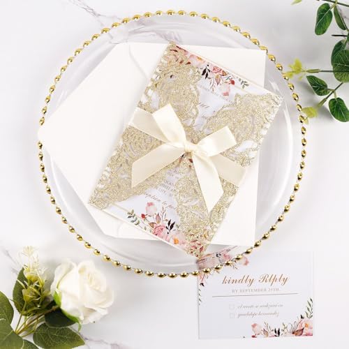 50pcs Gold Glitter Laser Cut Invitation Pockets with Blank Inner Sheets - Image 2
