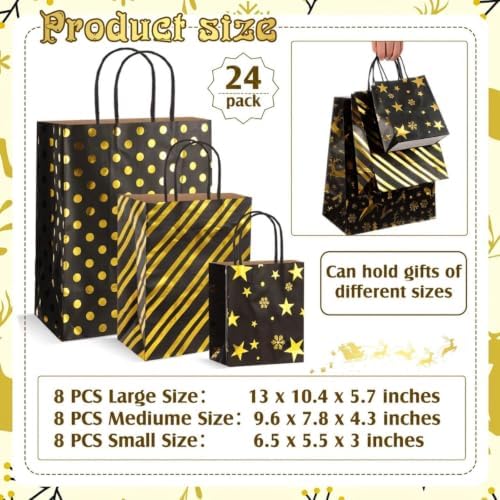 Humyoun 24 Pack Christmas Paper Gift Bags Bulk Assorted Sizes, Black,Gold - Image 2