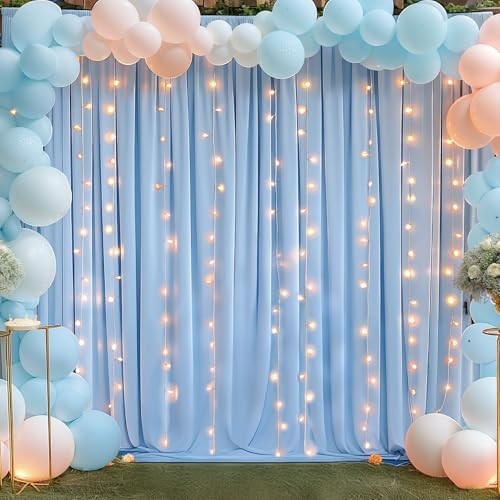 10x10ft Baby Blue Backdrop Curtains with Lights Photo Drapes Wrinkle Free Fabric Backdrop Curtain for Wedding Birthday Party Baby Shower Shoot Bridal Shower Home Party Background Decorations by Shillance