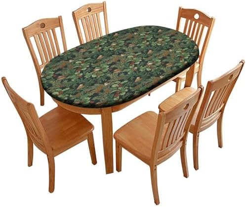 A Winter's Day Fabric Collection - Winter Chickadees Dark Teal Print Oval Table Cloth Wipeable Spillproof Elastic for Dining Table Buffet Parties and Camping Fits for 48" x 68" Oval Table by ZNCTFMR