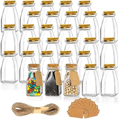 yarlung 30 Pack Glass Favor Jars with Cork Lids, 4 OZ Clear Small Candy Jars Set Square Decorative Bottles for Thanksgiving Gift, Christmas, Baby Shower Wedding Party Favor, Brown Labels and Strings by Yarlung