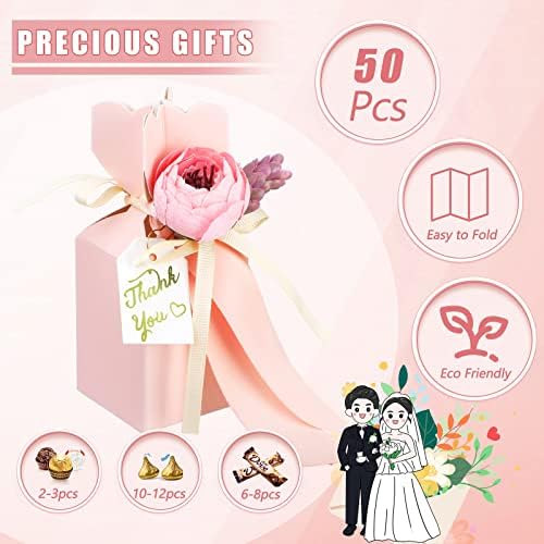 TaoBary 50 Pcs Wedding Favor Boxes with Flower Thanks Card Ribbon, Pink - Image 4