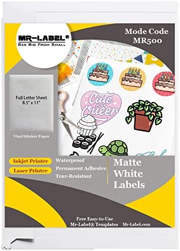 Mr-Label White Matte Printable Vinyl Sticker Paper - Waterproof Full Letter Sheet Label – for Inkjet/Laser Printer - for Home Business|DIY Stickers(100 sheets/100 Labels) by MR-LABEL