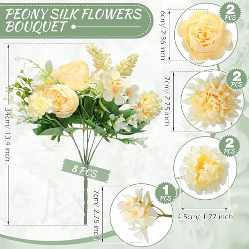 Zeyune 8 Pcs 13.4 Inch Artificial Flowers Bouquet,Peony,Champagne - Image 2