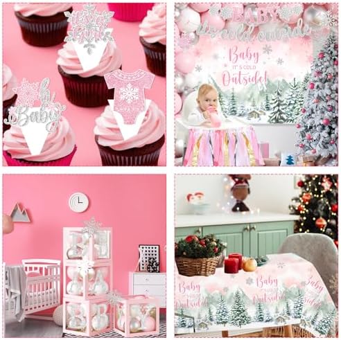 Baby It’s Cold Outside Baby Shower Decorations, Pink Winter Baby Shower Decorations for Girl Winter Woodland Tablecloth Banner Backdrop Balloon Box Cupcake Topper Hanging Swirl for Girl Gender Reveal - Image 4