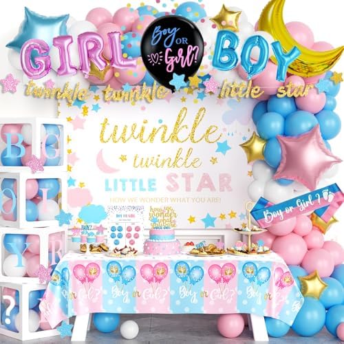 Hombae Twinkle Twinkle Little Star Gender Reveal Decorations, Star Boy or Girl Gender Reveal Decorations Balloon Garland Banner Tablecloth Box Cutout Backdrop Cake Cupcake Topper Poster Sash 172 PCs by Hombae