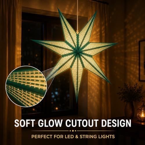 GalaxyArts 7-Point Paper Star Lantern - Striped Cutout Hanging Light Decoration - Foldable Star Lamp Shade for Home, Party, Christmas, Wedding Décor - Indoor/Outdoor Hanging Star(Turquoise) - Image 4