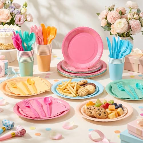 Zhehao 175 Pcs Candy Colors Party Plates Cups Napkins Set - Image 2