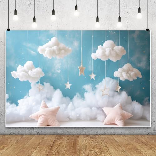 YongFoto Cute Sky Clouds Star Blue Backdrop 15x10ft Kids Photography Background Boy Girl Birthday Baby Shower Cradle Ceremony Party Banner Child Portrait Photoshoot Wallpaper Photo Studio Booth Props - Image 2