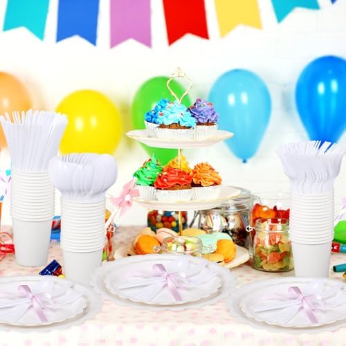 Ziliny 350 Pcs White Plates and Napkins, 50 Guest White Party Supplies Include Scalloped Paper Plates Napkins Cups Plastic Spoons Forks Knives Disposable Tableware Set for Weeding Bridal Baby Shower - Image 4