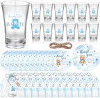 Funnymoom 50 Sets Bear Baby Shower Favors for Guests Souvenir Blue Teddy Bear Birthday Party Supplies We Can Bearly Wait Acrylic Clear Shot Glasses Thank You Tags with Organza Bags for Gender Reveal by Funnymoom