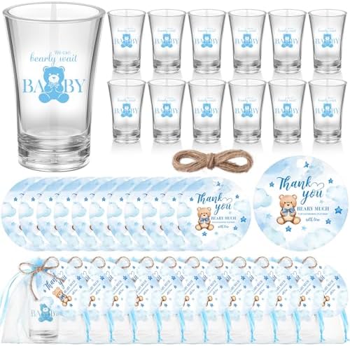 Funnymoom 50 Sets Bear Baby Shower Favors for Guests Souvenir Blue Teddy Bear Birthday Party Supplies We Can Bearly Wait Acrylic Clear Shot Glasses Thank You Tags with Organza Bags for Gender Reveal by Funnymoom