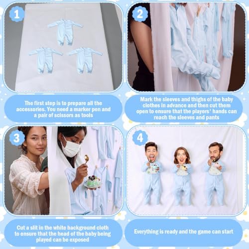Chicingyou 7 Pcs Baby Shower Games Feed Me Baby Shower Games Decor Include 3 Funny Blue Blind Feeding Costume 3 Bib 1 Bed Sheet for Gender Reveal Party Supplies for Gender Reveal Game Party Favors - Image 4