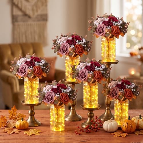 Domensi Set of 6 LED Lighted Floral Table Centerpieces, Faux Roses, Eucalyptus & Baby's Breath in Acrylic Vase, Glowing Rustic Wedding Decor for Bridal Shower & Dining Table (5 Colors) by Domensi