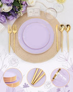 bUCLA 150PCS Purple Plastic Plates - Light Purple and Gold Disposable - Include 25 Each (Dinner & Dessert) lavender Plates, 25 Knives, 25 Forks, 25 Spoons & 25 Cups for Party, Birthday & Wedding - Image 4