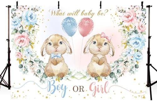 MEHOFOND Bunny Gender Reveal Backdrop Boy Or Girl What Will Our Little Bunny Be Banner Spring Easter Rabbit Floral Kids Party Decoration Supplies Photography Background Photobooth Props 10x7ft - Image 2