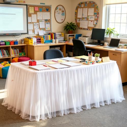 14FT Long White Tulle Table Skirt for Rectangle Round Tables 3-Layer Ruffle Desk Teacher Skirt for Back to School Supplies Princess Girls Birthday Party Cake Dessert Classroom Dorm Decor - Image 3