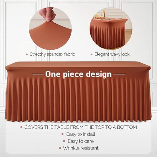 1 Pack Terracotta Spandex Tableclothes for 8 Foot Rectangle Tables, Wrinkle Free 8ft Fitted Table Cover Stretch Table Cloth Desk Skirt for Weddings Baby Shower Birthday Party Banquet Decorations - Image 2