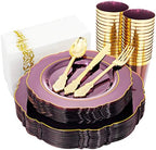KIRE 210Pcs Purple Plastic Plates with Gold Rim& Silverware &Cups&Hand Napkin - Baroque Clear Plastic Dinnerware for Upscale Wedding/Parties Plates by KIRE