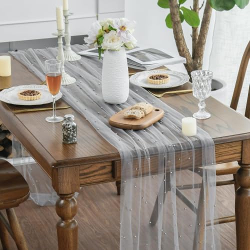 Artoid Mode 6-Pack Pearl Grey Gauze Table Runner 10FT Home Decor - Image 2